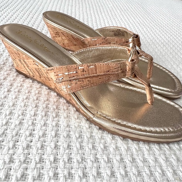 Lilly Pulitzer McKim Natural Cork Gold Wedge Sandals Womens 8.5 Beachy Resort - Picture 5 of 10